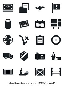 Set of vector isolated black icon - earth vector, important flag, plane, cash, office phone, sea shipping, cargo container, car delivery, clock, term, port, consolidated, clipboard, folder document