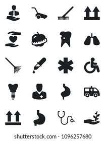 Set of vector isolated black icon - disabled vector, rake, lawn mower, stethoscope, dropper, ambulance star, car, heart hand, stomach, lungs, caries, implant, diet, doctor, client, up side sign