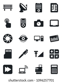 Set of vector isolated black icon - wireless notebook vector, camera, calculator, pc, bench, barcode, satellite antenna, remote control, touch screen, fast forward, mobile, sd, sim, eye id, copier