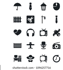 Set of vector isolated black icon - office chair vector, mouse, desk, tie, fence, garden light, satellite, cargo container, umbrella, radio, tv, headphones, heart, cut, restaurant table, dress code