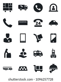Set of vector isolated black icon - taxi vector, airport bus, phone, baby room, reception, ambulance car, doctor, office, 24 hours, client, delivery, consolidated cargo, cell, mobile, call, moving