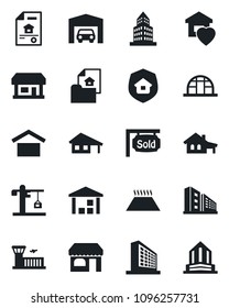 Set of vector isolated black icon - shop vector, airport building, office, greenhouse, store, warehouse storage, house with garage, estate document, sold signboard, sweet home, crane, insurance