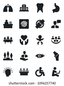 Set of vector isolated black icon - baby vector, disabled, pedestal, meeting, heart hand, stomach, lungs, tooth, eye, joint, hospital, client, speaker, fingerprint id, company, manager desk