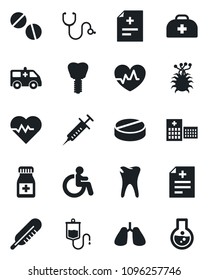 Set of vector isolated black icon - disabled vector, heart pulse, doctor case, diagnosis, stethoscope, syringe, dropper, thermometer, pills, bottle, ambulance car, lungs, caries, implant, hospital