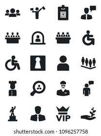 Set of vector isolated black icon - dispatcher vector, female, vip, disabled, reception, speaking man, pedestal, team, meeting, doctor, client, user, identity card, search, cook, group, palm sproute