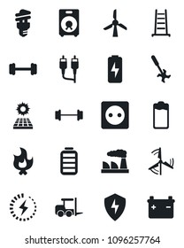 Set of vector isolated black icon - fork loader vector, factory, ladder, fire, ripper, barbell, speaker, battery, rca, protect, charge, sun panel, windmill, socket, energy saving bulb