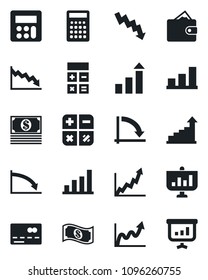 Set of vector isolated black icon - credit card vector, growth statistic, calculator, crisis graph, bar, wallet, cash, presentation