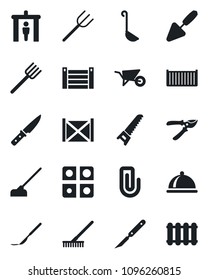 Set of vector isolated black icon - security gate vector, trowel, farm fork, rake, wheelbarrow, pruner, saw, hoe, scalpel, cargo container, application, paper clip, dish, ladle, knife, radiator