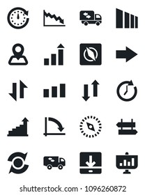 Set of vector isolated black icon - signpost vector, right arrow, growth statistic, crisis graph, navigation, sorting, data exchange, download, compass, update, moving, clock, presentation