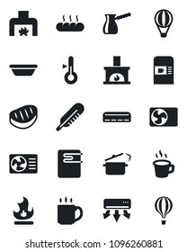 Set of vector isolated black icon - coffee machine vector, fire, thermometer, fireplace, air conditioner, bread, steak, bowl, steaming pan, turkish, water heater, balloon