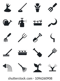 Set of vector isolated black icon - job vector, flower in pot, garden fork, shovel, farm, rake, watering can, sproute, seedling, hoe, sickle, sprayer, irrigation