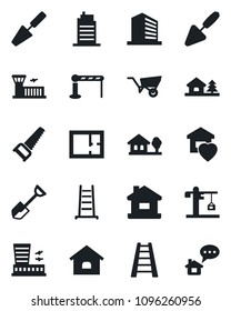 Set of vector isolated black icon - barrier vector, airport building, office, trowel, shovel, ladder, wheelbarrow, saw, house, with tree, plan, sweet home, city, crane, message