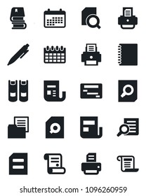 Set of vector isolated black icon - book vector, document search, pen, calendar, printer, contract, folder, news, copybook, schedule