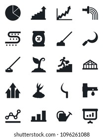 Set of vector isolated black icon - growth statistic vector, watering can, sproute, hoe, sickle, greenhouse, fertilizer, drip irrigation, bar graph, pie, point, career ladder, arrow up, presentation