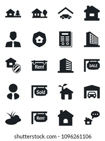 Set of vector isolated black icon - office building vector, house, pond, contract, with tree, garage, sale, rent, sold signboard, estate agent, insurance, eco, home message