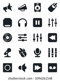 Set of vector isolated black icon - vinyl vector, flame disk, microphone, speaker, loudspeaker, settings, headphones, pause button, fast forward, rewind, rca, hdmi, tuning, record