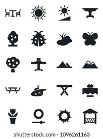 Set of vector isolated black icon - cafe vector, sun, flower in pot, butterfly, lady bug, pond, picnic table, brightness, fruit tree, mountains, restaurant, alcove