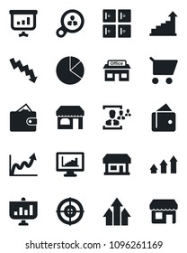 Set of vector isolated black icon - shop vector, checkroom, growth statistic, crisis graph, store, monitor statistics, pie, hr, target, consumer search, arrow up, wallet, cart, presentation