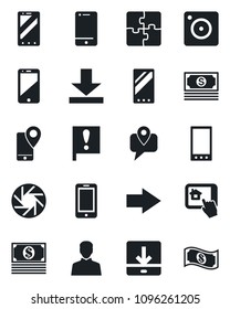 Set of vector isolated black icon - right arrow vector, mobile phone, important flag, cash, tracking, cell, camera, user, download, application, home control app