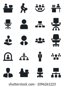 Set of vector isolated black icon - reception vector, manager, office chair, place, client, user, company, desk, hierarchy, estate agent, group