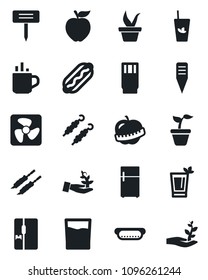 Set of vector isolated black icon - hot cup vector, seedling, plant label, diet, fridge, drink, phyto bar, kebab, dog, apple fruit, fan, palm sproute