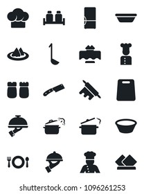Set of vector isolated black icon - fridge vector, cook, restaurant table, serviette, cafe, hat, waiter, salt and pepper, ladle, bowl, rolling pin, cutting board, knife, steaming pan