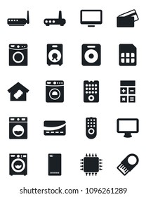 Set of vector isolated black icon - washer vector, calculator, monitor, speaker, phone back, sim, smart home, credit card, chip, remote control, router, usb flash