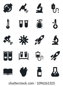 Set of vector isolated black icon - book vector, blood test vial, dropper, microscope, ampoule, real heart, joint, virus, satellite, thermometer, rocket, flask