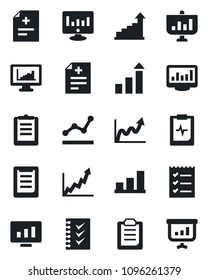 Set of vector isolated black icon - growth statistic vector, monitor, diagnosis, pulse clipboard, statistics, bar graph, checklist, point, presentation