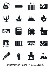 Set of vector isolated black icon - fire vector, hose, fireplace, thermometer, heater, air conditioner, candle, water, radiator, warm floor