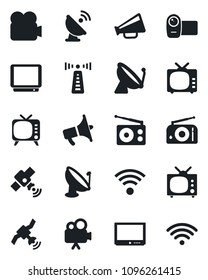 Set of vector isolated black icon - antenna vector, satellite, radio, loudspeaker, tv, video camera, wireless