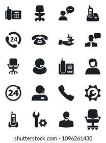 Set of vector isolated black icon - 24 around vector, office chair, phone, hours, support, speaker, radio, call, root setup, palm sproute