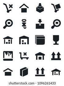 Set of vector isolated black icon - fragile vector, cargo, warehouse storage, up side sign, no trolley, hook, package, search, scanner, blank box