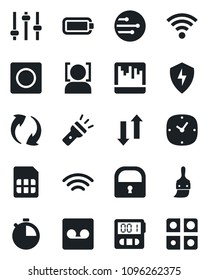 Set of vector isolated black icon - update vector, protect, tuning, themes, clock, stopwatch, record, scanner, sim, network, data exchange, wireless, torch, lock, face id, battery, application