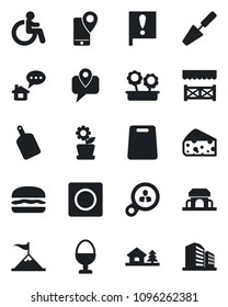 Set of vector isolated black icon - disabled vector, trowel, important flag, mobile tracking, record, house with tree, flower in pot, egg stand, cafe building, alcove, hamburger, cutting board