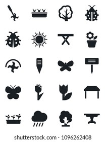 Set of vector isolated black icon - sun vector, flower in pot, ripper, tree, butterfly, lady bug, seedling, rain, plant label, picnic table, tulip
