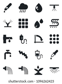 Set of vector isolated black icon - crisis graph vector, watering, water drop, rain, drip irrigation, dropper, menu, supply, sprinkler