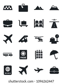 Set of vector isolated black icon - plane vector, runway, taxi, suitcase, baggage trolley, airport bus, umbrella, passport, ladder car, helicopter, seat map, luggage storage, scales, mountains, case