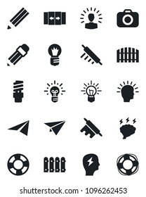Set of vector isolated black icon - automatic door vector, brainstorm, bulb, camera, pencil, fence, rolling pin, energy saving, shining head, idea, paper plane, crisis management