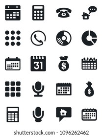 Set of vector isolated black icon - calendar vector, circle chart, microphone, menu, calculator, phone, home message, money bag