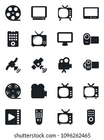 Set of vector isolated black icon - tv vector, reel, satellite, video camera, remote control, monitor