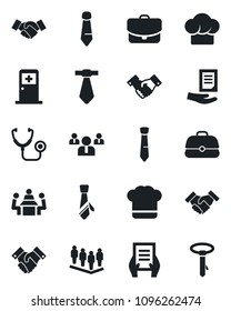 Set of vector isolated black icon - medical room vector, handshake, team, tie, document, stethoscope, meeting, cook hat, case