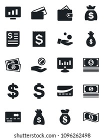 Set of vector isolated black icon - credit card vector, dollar sign, money bag, statistic monitor, cash, receipt, wallet, investment