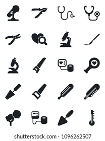 Set of vector isolated black icon - trowel vector, pruner, saw, stethoscope, blood pressure, thermometer, heart diagnostic, microscope, scalpel, microphone