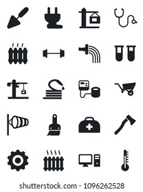 Set of vector isolated black icon - wind vector, gear, trowel, wheelbarrow, watering, hose, axe, doctor case, stethoscope, blood pressure, test vial, barbell, themes, heater, crane, power plug, pc
