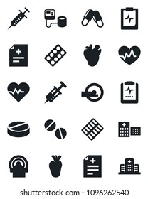 Set of vector isolated black icon - heart pulse vector, diagnosis, syringe, blood pressure, pills, blister, tomography, real, clipboard, hospital