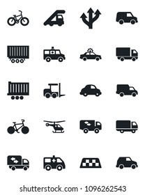 Set of vector isolated black icon - taxi vector, alarm car, fork loader, ladder, helicopter, ambulance, bike, route, truck trailer, delivery, moving