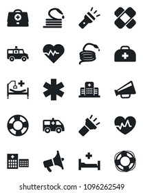 Set of vector isolated black icon - hose vector, heart pulse, doctor case, patch, ambulance star, car, hospital bed, loudspeaker, torch, crisis management