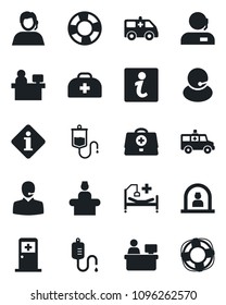 Set of vector isolated black icon - reception vector, medical room, manager place, doctor case, dropper, ambulance car, hospital bed, support, information, crisis management