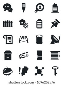 Set of vector isolated black icon - satellite antenna vector, fence, plant label, molecule, diet, oil barrel, route, dialog, battery, archive chest, drawing pin, client search, fridge, city house
